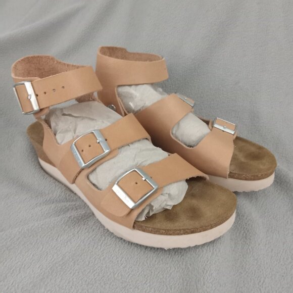 PAPILLIO by BIRKENSTOCK Beige LEATHER Ankle Strap ARIZONA PLATFORM SANDALS eu 41 - Picture 2 of 16